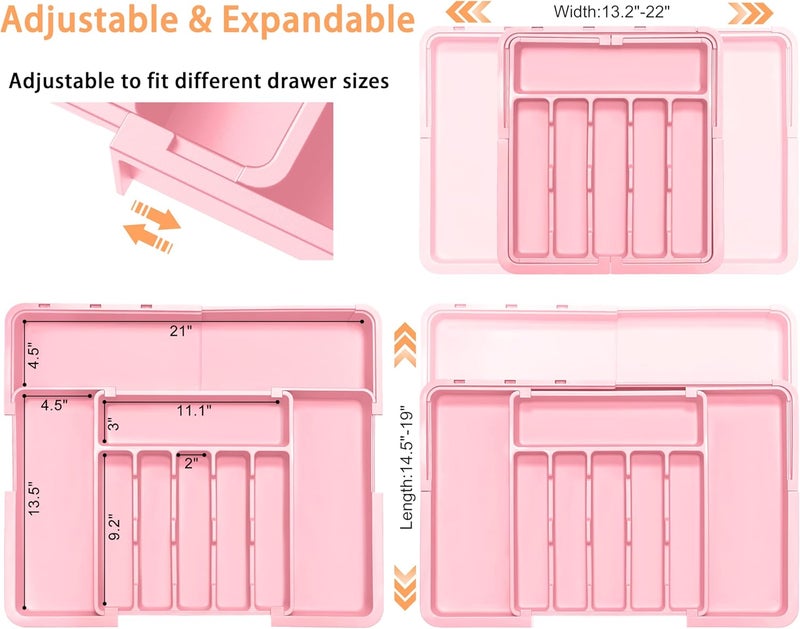 Spaclear Silverware Organizer Expandable Kitchen Utensil Drawer Organizer Large BPA Free Adjustable Cutlery Silverware Tray for Spoons Forks Knives Storage Divider for Kitchen Flatware 6-9 Slots Pink - Image 2